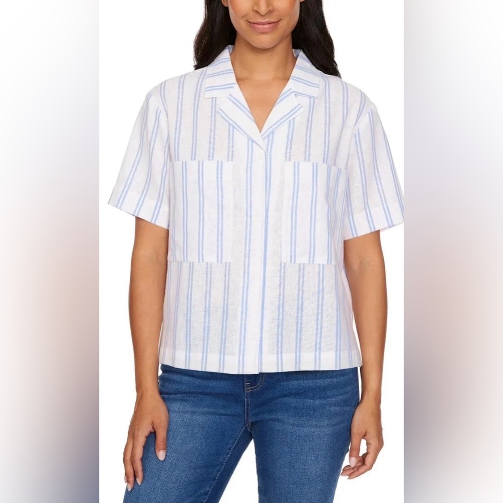 NWT Buffalo Women's Linen Blend Short Sleeve Utility Top, Coastal Stripe, S